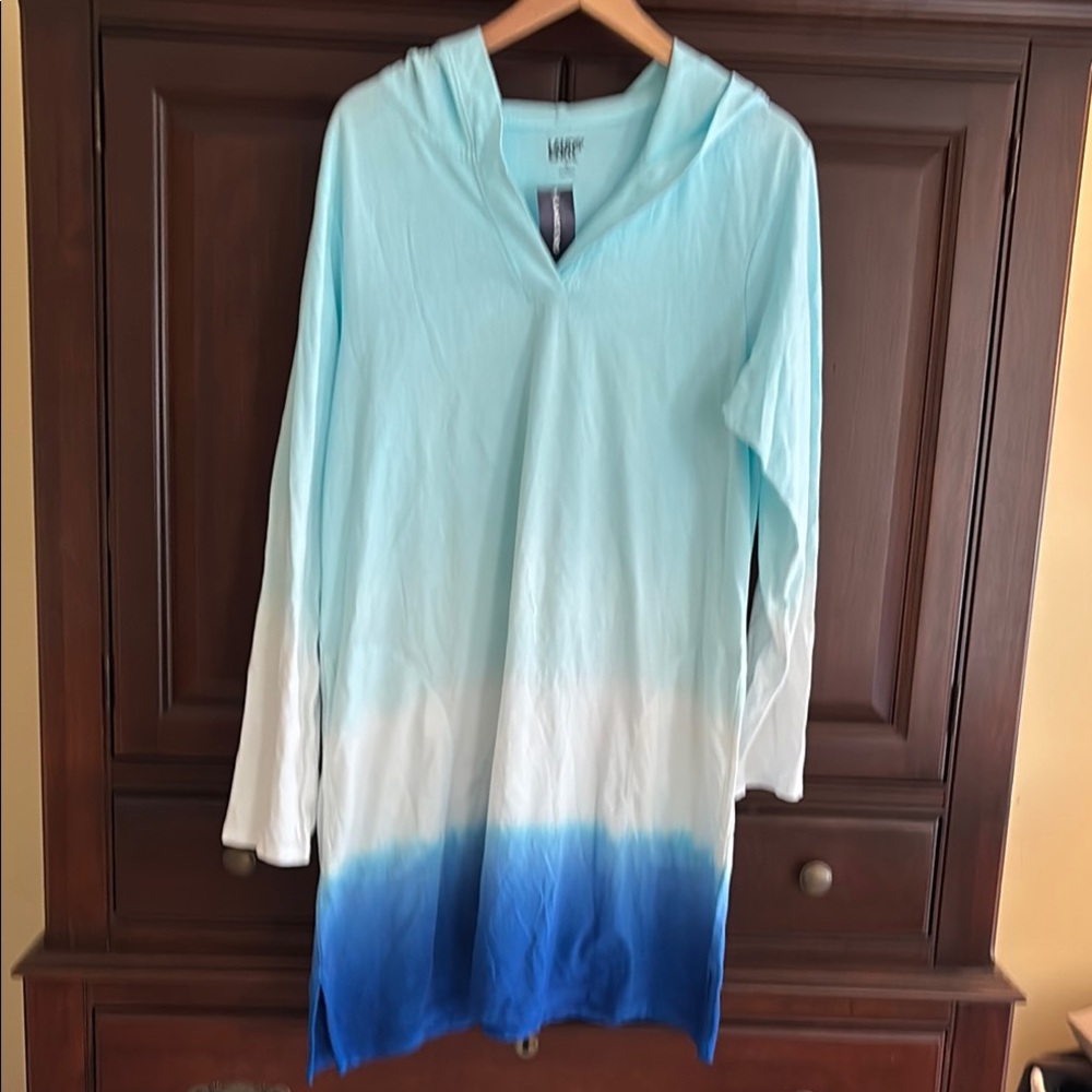 Lands' End Light Blue and White Hooded swimsuit cover up Large.